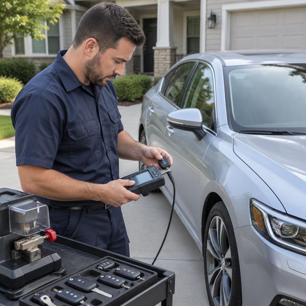 Car key copying in Stanley, NC — automotive locksmith cutting and programming a duplicate car key beside a vehicle