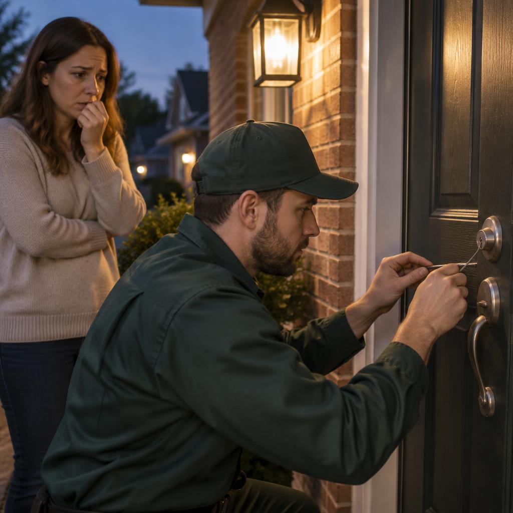 Emergency locksmith in Stanley, NC helping a homeowner regain entry to a home during an urgent evening lockout