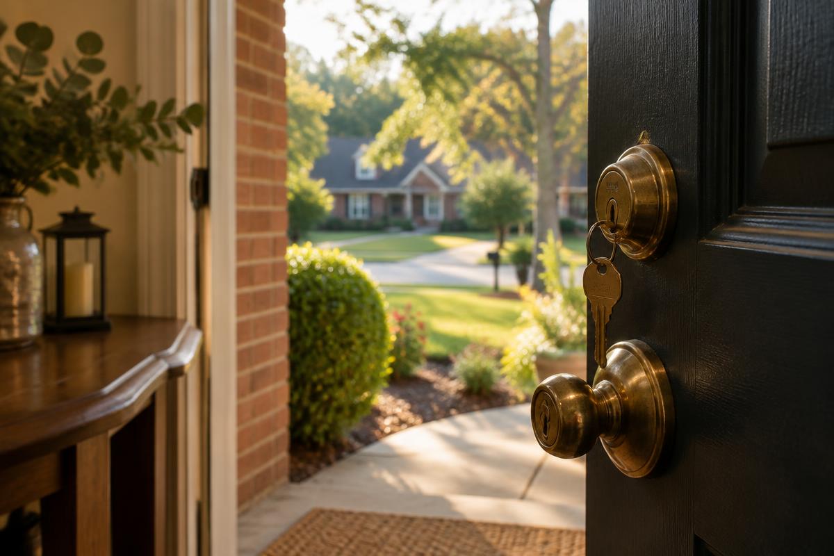 House lockout service in Stanley, NC — front door of a Stanley, NC home with a key in the deadbolt
